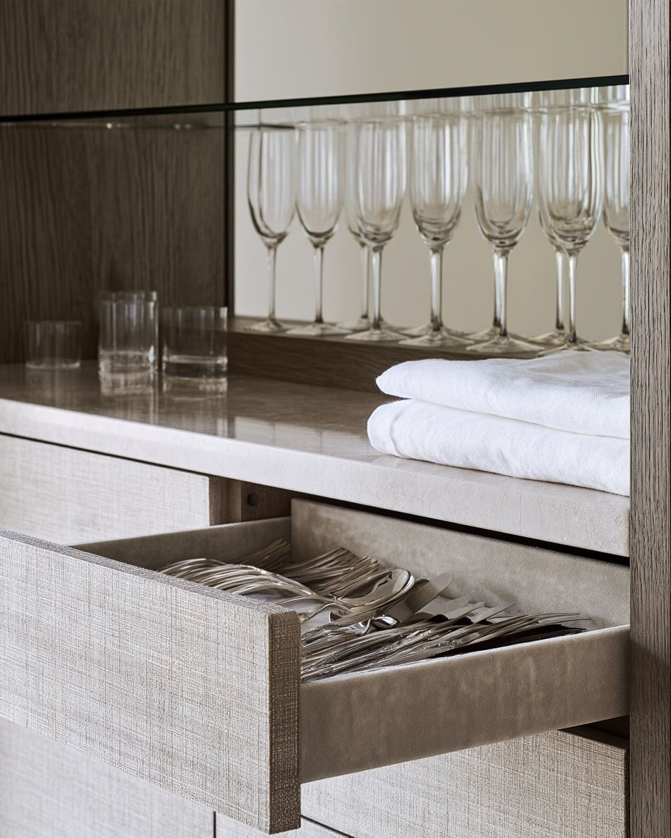 A butler's pantry with polished silver, folded linen and crystal glasses